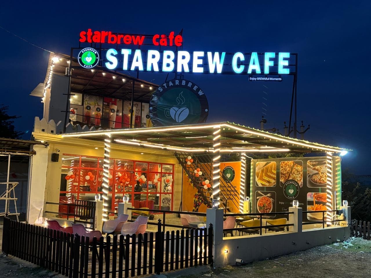 Wide exterior view of StarBrew Cafe